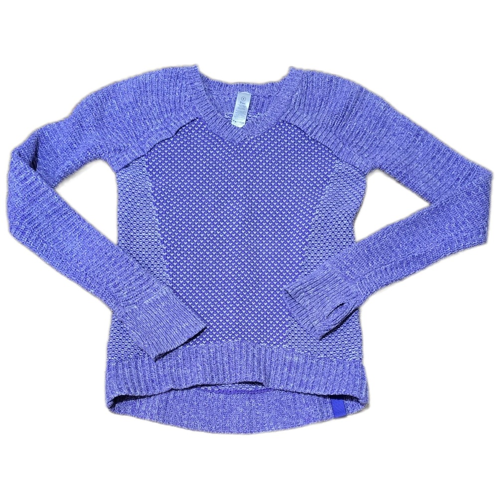 Ivivva Lululemon Girls Purple Marl Cotton Knit V-Neck Sweater Thumbholes Size 8